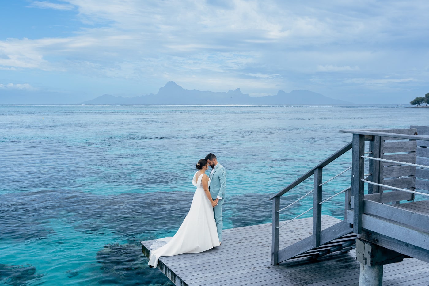 Romantic couple during a Tahiti honeymoon photoshoot